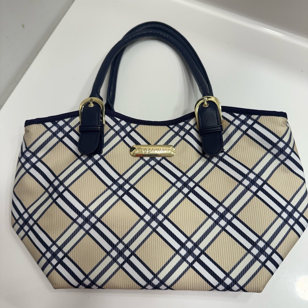 Tupperware Navy and Beige Plaid Lunch Tote with gold tone hardware